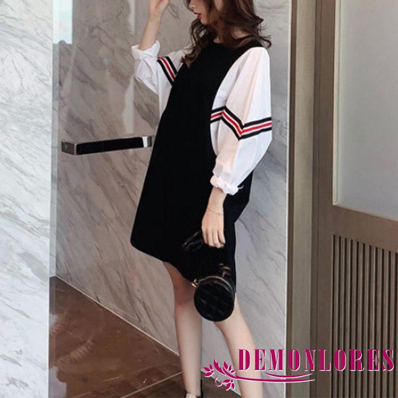 Đầm ngắn cổ tròn tay dài phối màu tương phản thời trang cho nữ