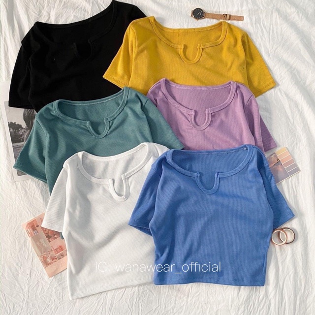 Áo croptop trơn FREESHIP Áo croptop nữ basic cổ khoét V dễ mix