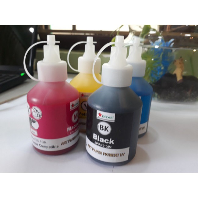 4 màu mực dầu Pigment UV Epson 100ml không phai màu, chống nước: Xanh, Đỏ, Vàng, Đen. Bình, chai, lọ bơm, đổ máy in phun