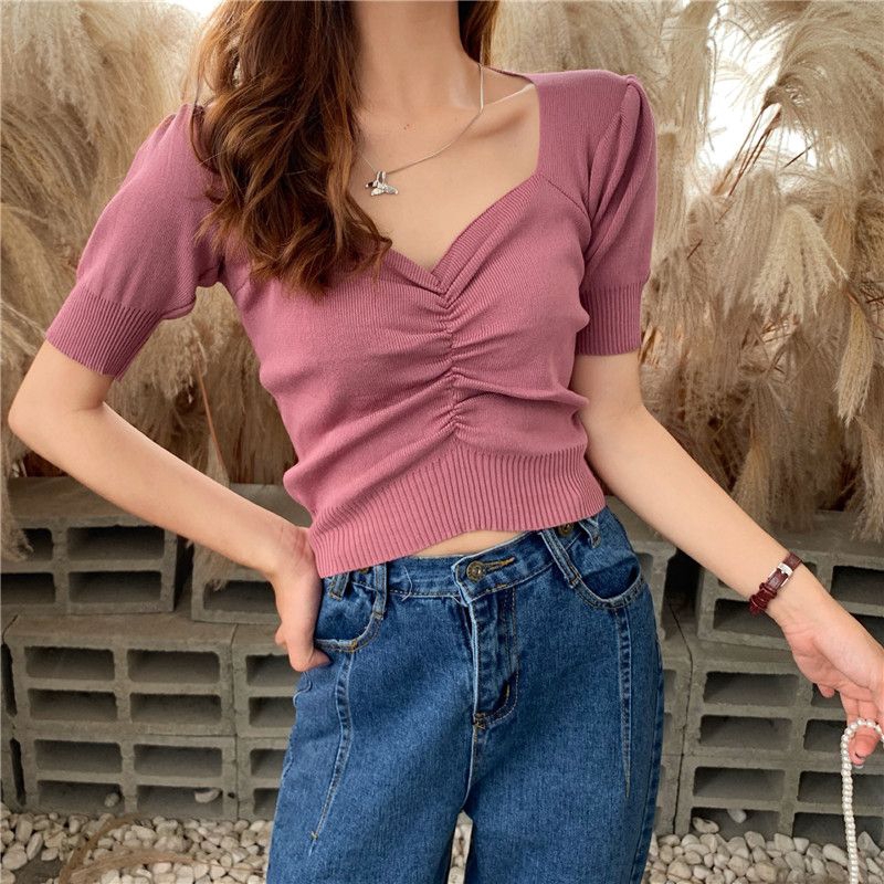 Áo vải dệt nhún ngực màu trơn thời trang cho nữ
