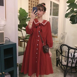 Váy xòe babydoll cổ bẻ thắt nơ dọc khuy Style Nhật Bản Có ảnh thật