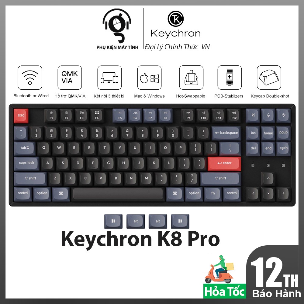 Bàn phím Cơ Không Dây Keychron K8 Pro - Hổ trợ QMK/VIA - Hàng Chính Hãng