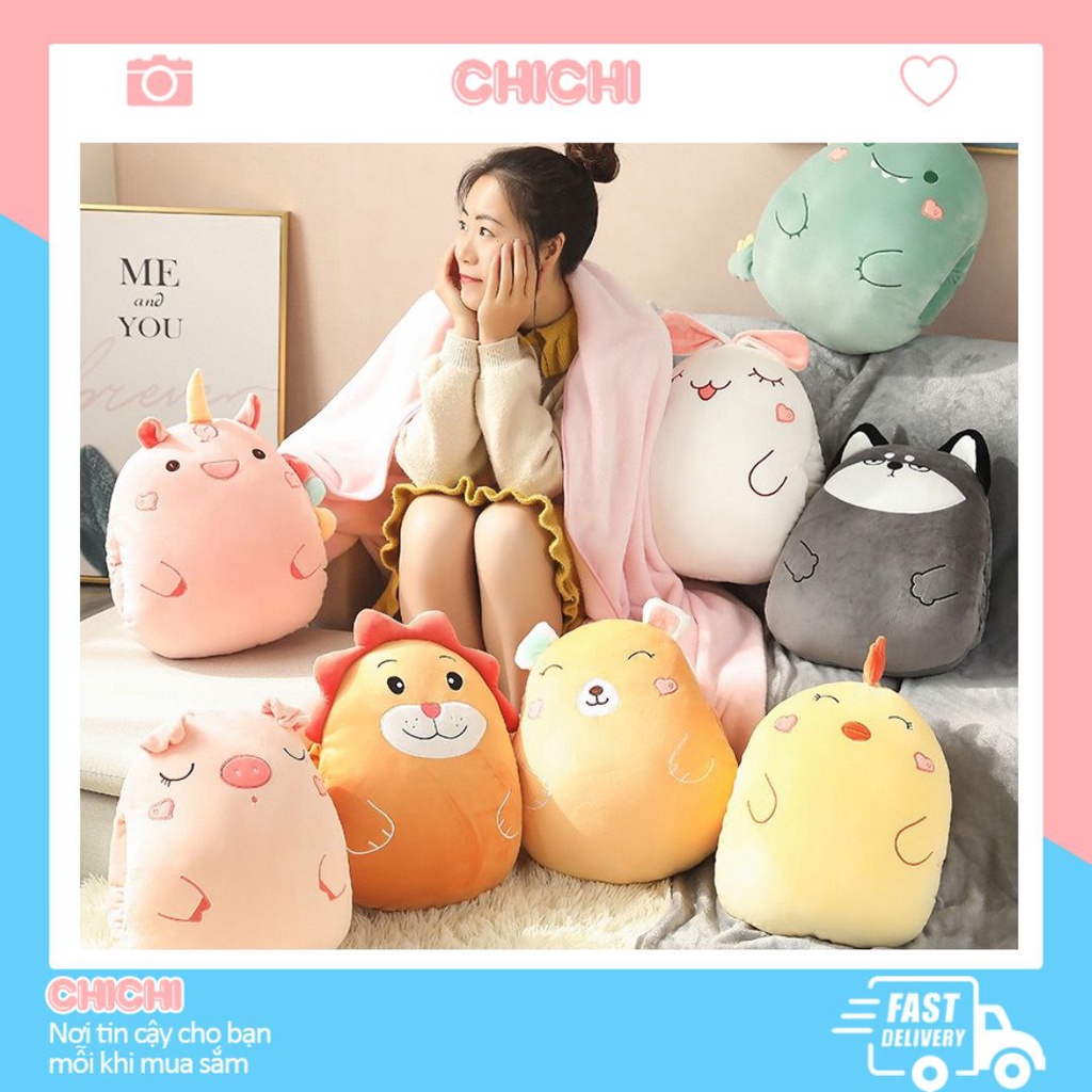 Bộ chăn gối văn phòng 3 trong 1 hình thú cute gấu bông có mền bên trong ChiChi GM035