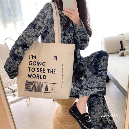 Túi tote vải canvas đi học đi chơi có khóa kéo hàn quốc đeo vai in IM GOING TO SEE THE WORLD AH1649