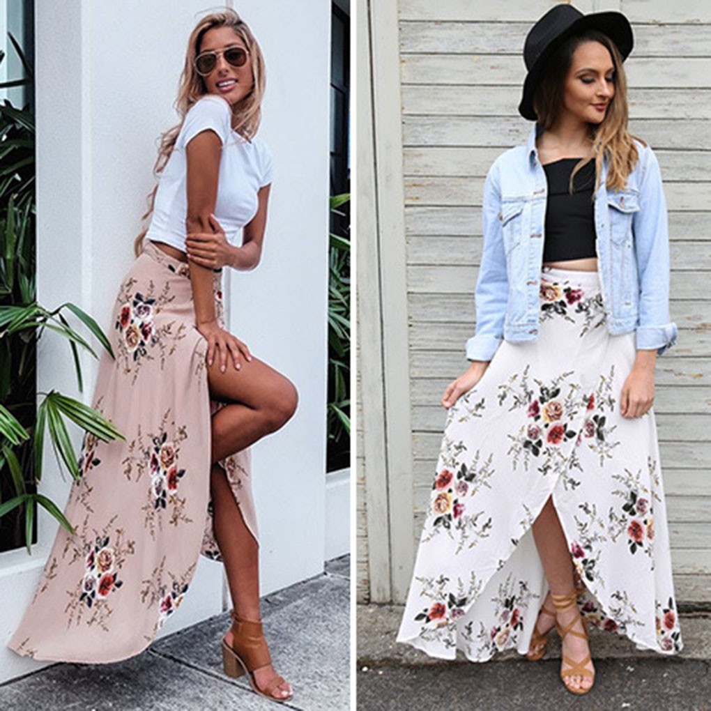 Chân váy Maxi xẻ tà form dài họa tiết hoa thời trang cho nữ