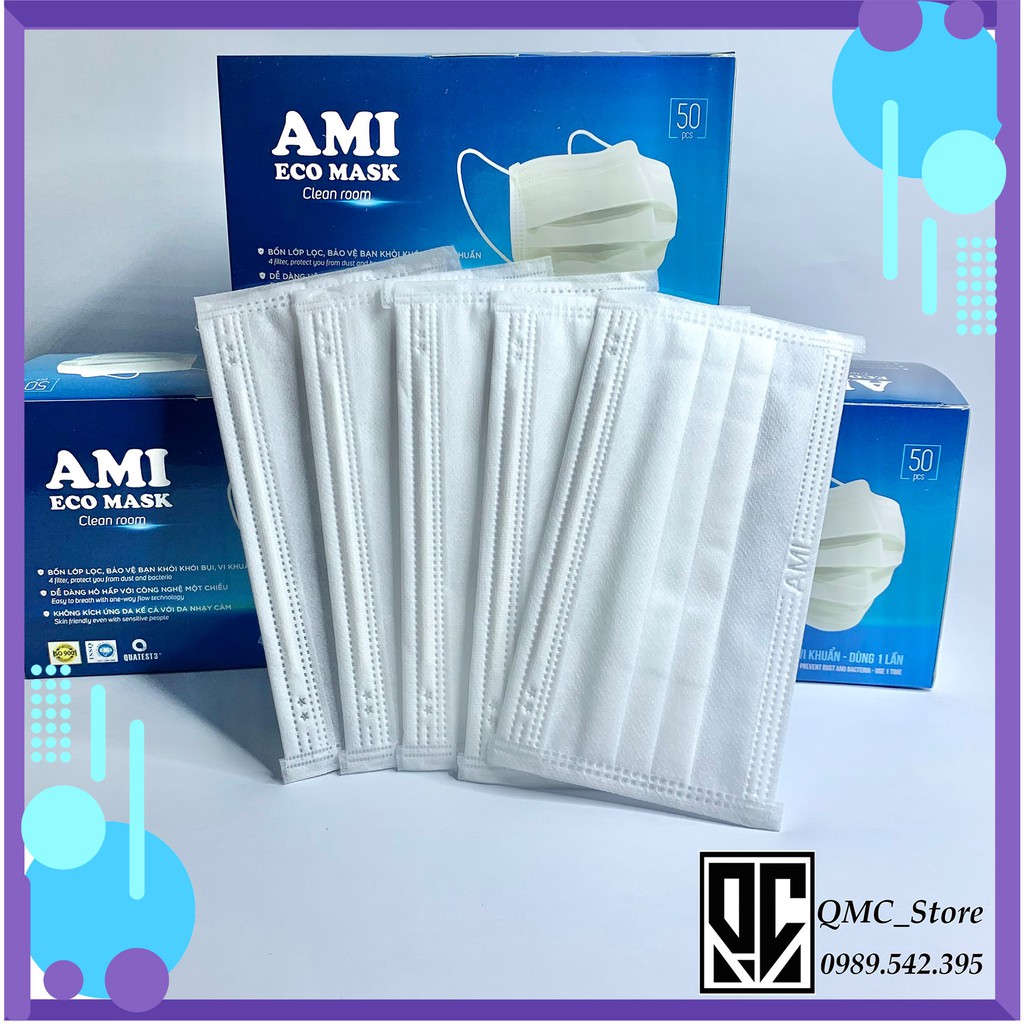 Khẩu trang y tế, Khẩu trang Ami 4 lớp màu trắng, hộp 50c, hàng chính hãng #qmc