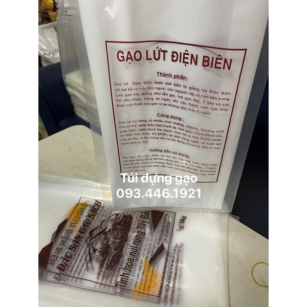 in túi đựng gạo lứt điện biên theo yêu cầu, túi gạo size 5kg in thông tin