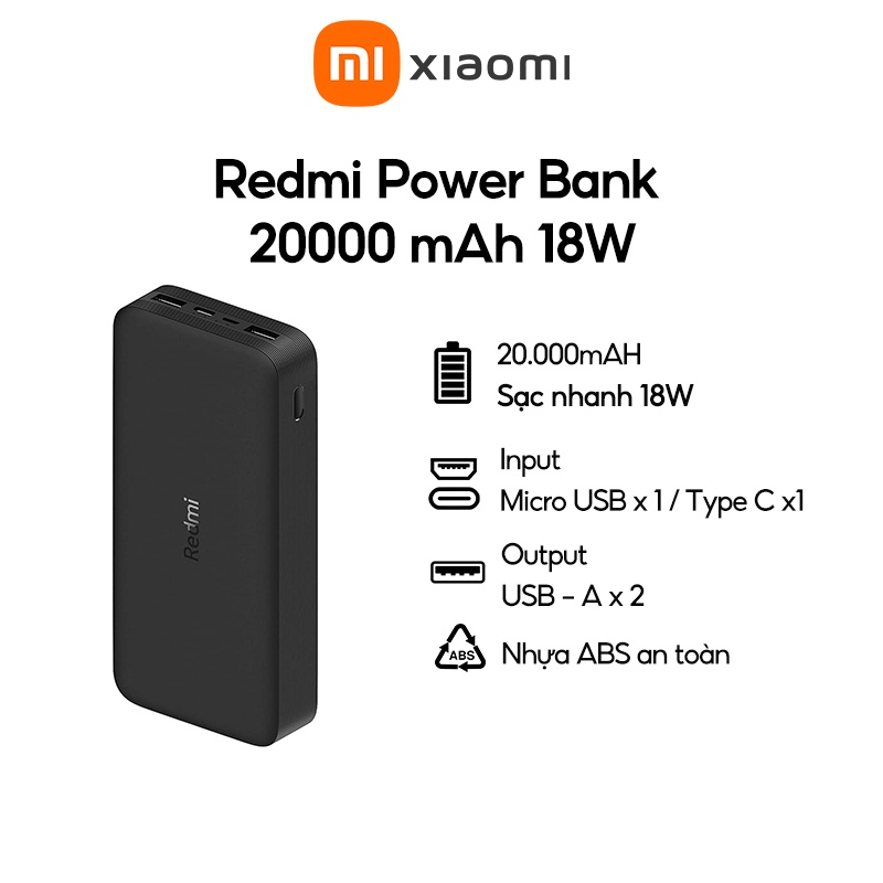 Pin Sạc Dự Phòng Xiaomi Redmi Power Bank 20000 mAh 18W - Chính hãng- BH 6 tháng