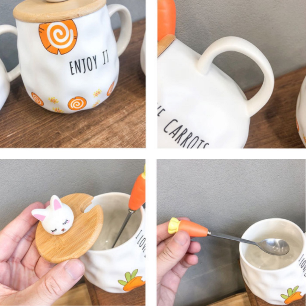Ly cốc sứ có nắp đậy hình thỏ dễ thương 400ml, cốc uống nước có nắp đậy kèm thìa carrot