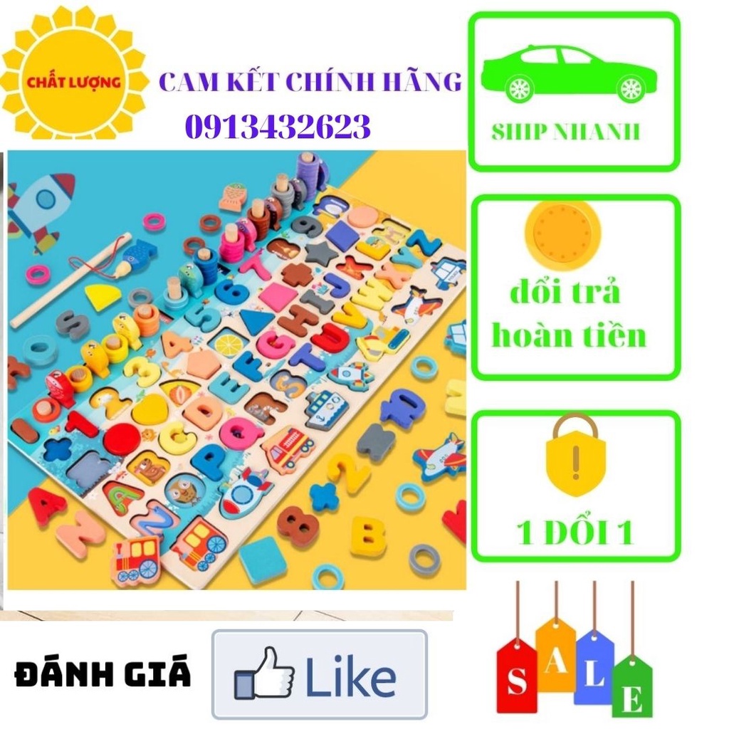 bộ đồ chơi gỗ, xếp khối, giáo cụ Montessori, ghép chữ, ghép số, , câu cá kích thích phát triển tư duy 8 trong 1.