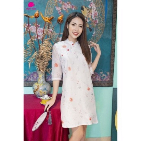 Set áo dài cách tân mặc tết mẹ và bé gái họa tiết hoa màu trắng Myla Kids mẫu áo sườn xám chất tơ organza