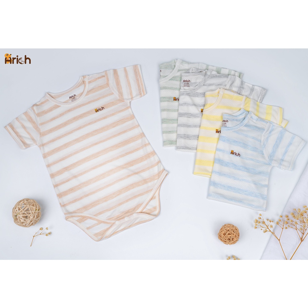 Bộ body chíp cộc tay Arich 5 màu sọc vải sợi tre(size 0-3 tháng đến 12-18 tháng)