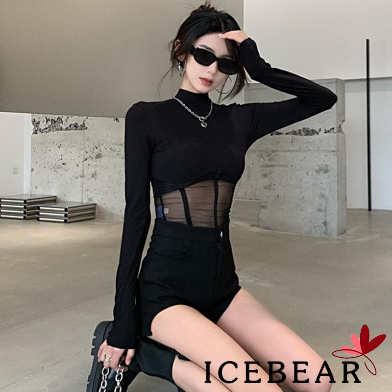 Áo Thun Tay Dài Cổ Cao Màu Đen Phối Lưới Thời Trang Xuân Thu Cho Nữ