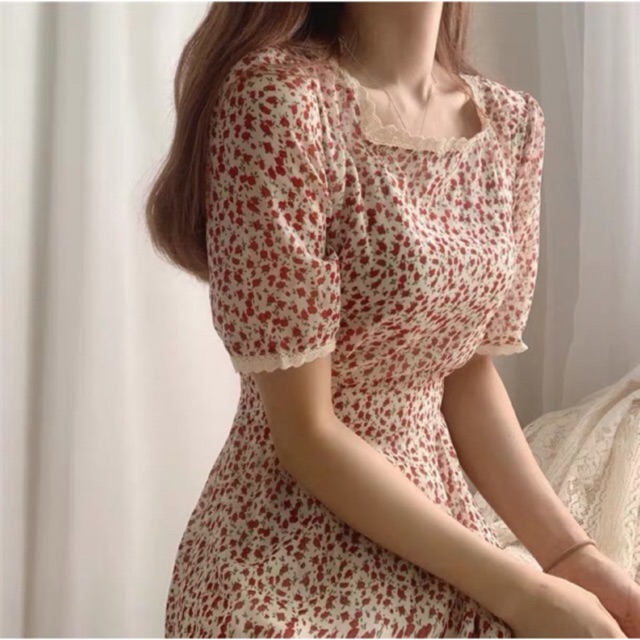Đầm voan hoa nhí cổ vuông dáng dài midi Thucucstore Váy voan hoa nhí vintage phong cách Hàn Quốc V01