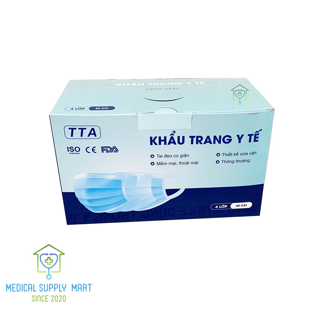 Hộp Khẩu Trang Y Tế TTA 4 Lớp Kháng Khuẩn Màu Xanh, Trắng. Tai Đeo Mềm Mịn Chống Trượt - Hộp 50 Cái FDA