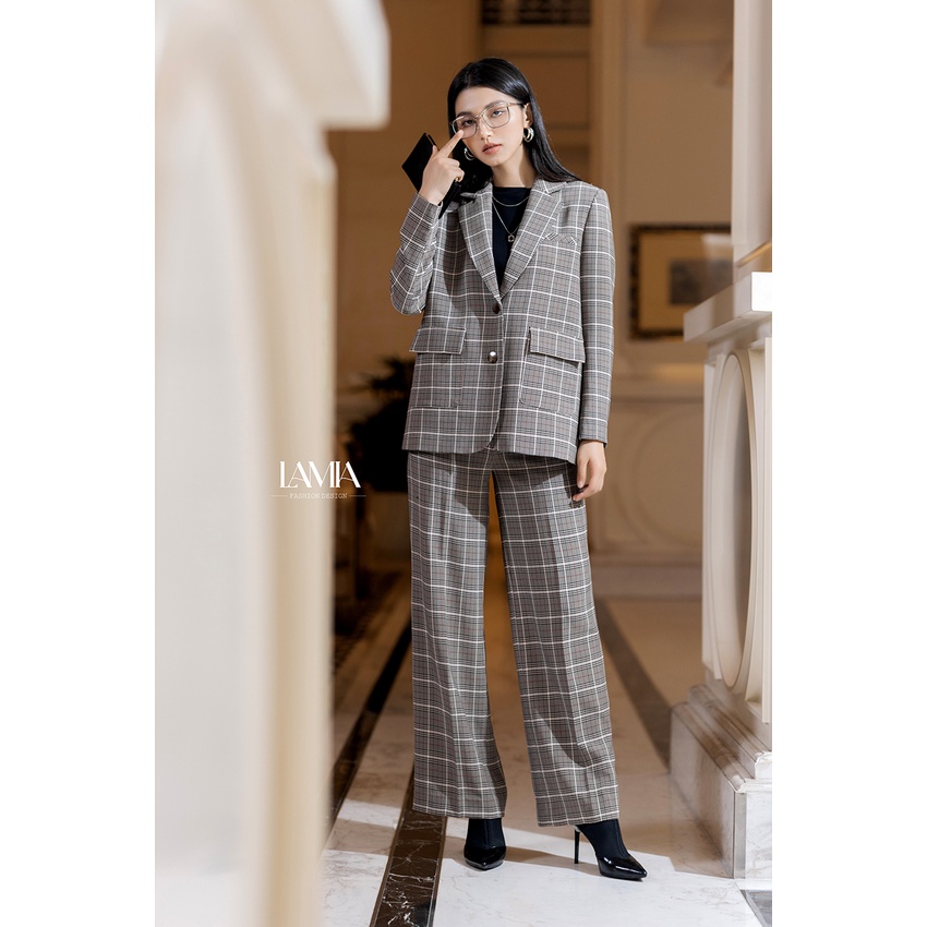 Set vest công sở nữ Lamia Design LE169 màu ghi họa tiết kẻ dáng suông hiện đại sang trọng