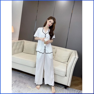 Đồ ngủ nữ pijama lụa cedora đồ bộ lụa tay ngắn cổ lật quần dài 3 màu hồng, đen, trắng dáng freesize.