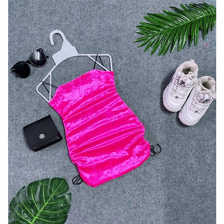 Đầm Body Nhung Dây Rút Hở Lưng Dây Chéo Cho Bé Gái Sành Điệu