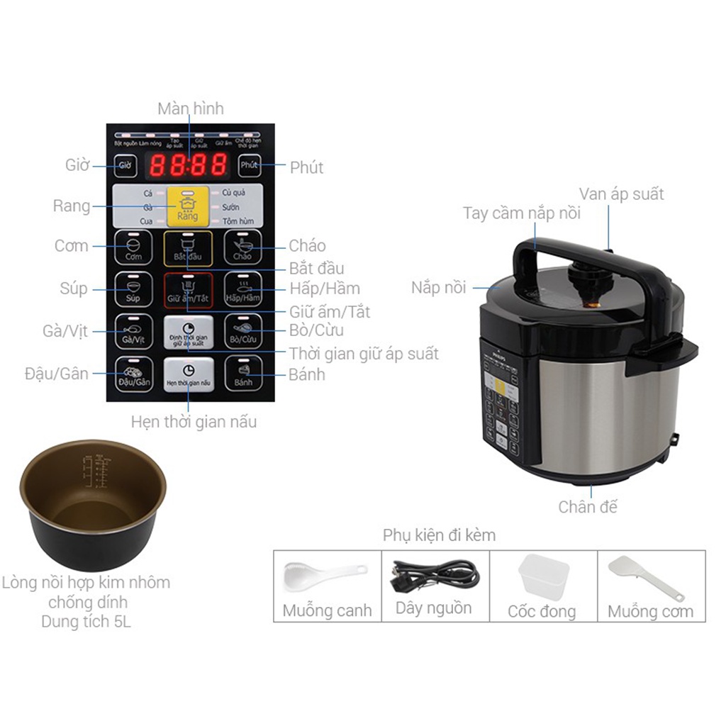 Nồi áp suất PHILIPS HD2137/65 6 lít điện tử và HD2136 5.0L - hàng chính hãng