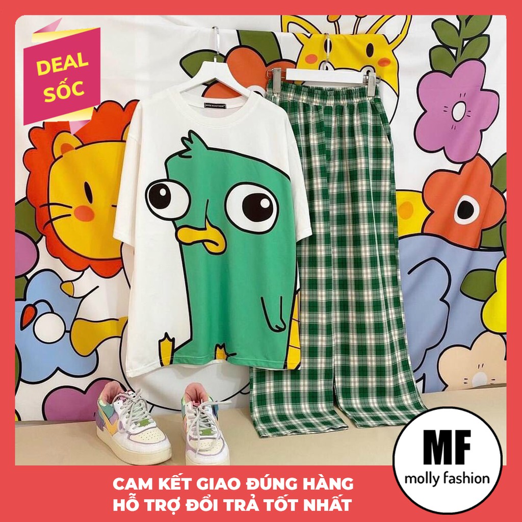 Set đồ bộ nữ quần caro kate ống rộng NHIỀU MẪU 5, đồ bộ hoạt hình Freesize Molly Fashion