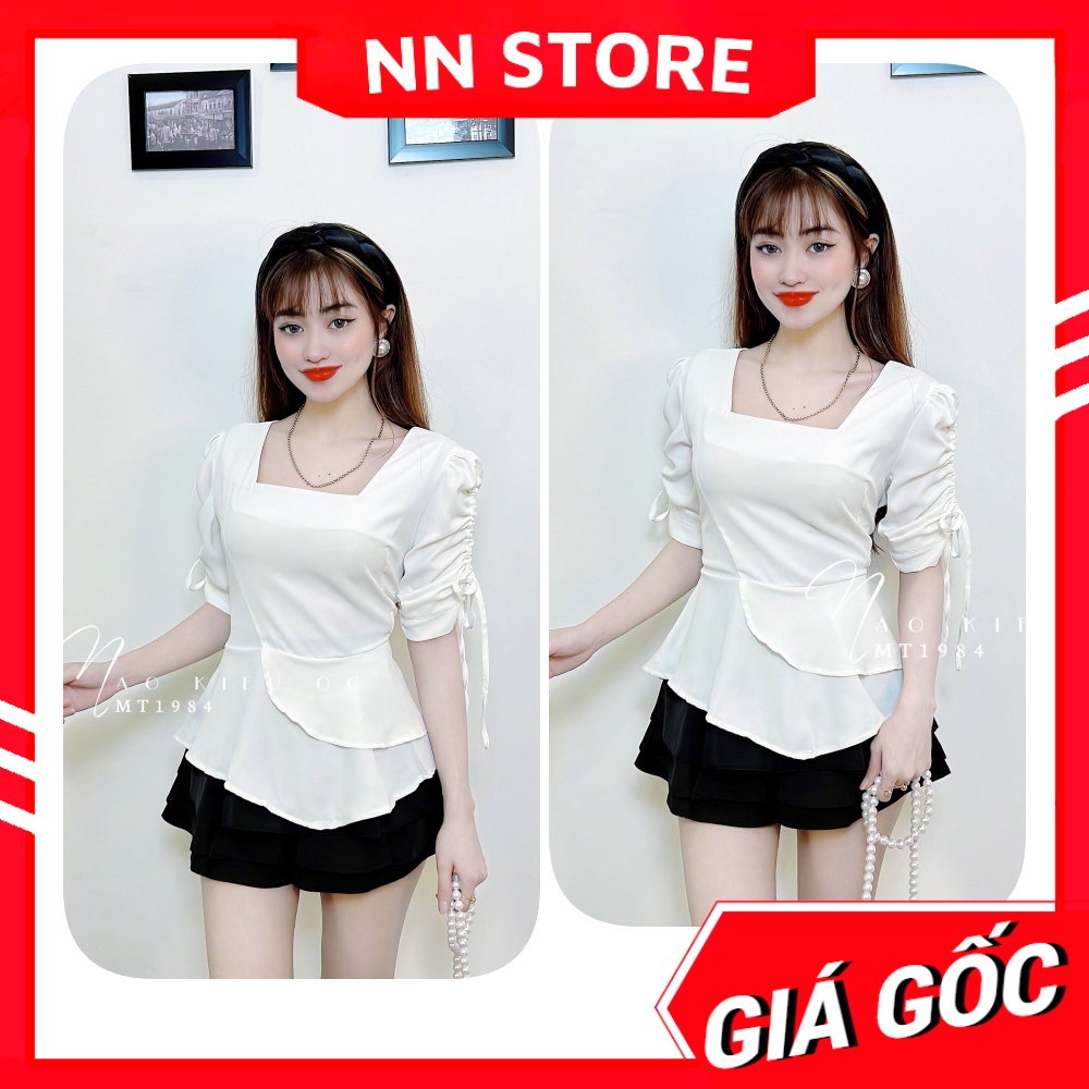 Áo kiểu công sở nữ tay rút dây phối tầng dễ thương chất vải MT mềm mát Áo kiểu nữ dễ thương MT1984