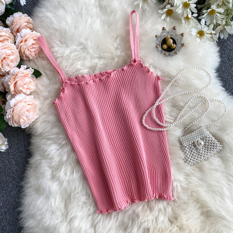 Brroa Áo Croptop Dệt Kim Hai Dây Màu Kẹo Trơn Cho Nữ