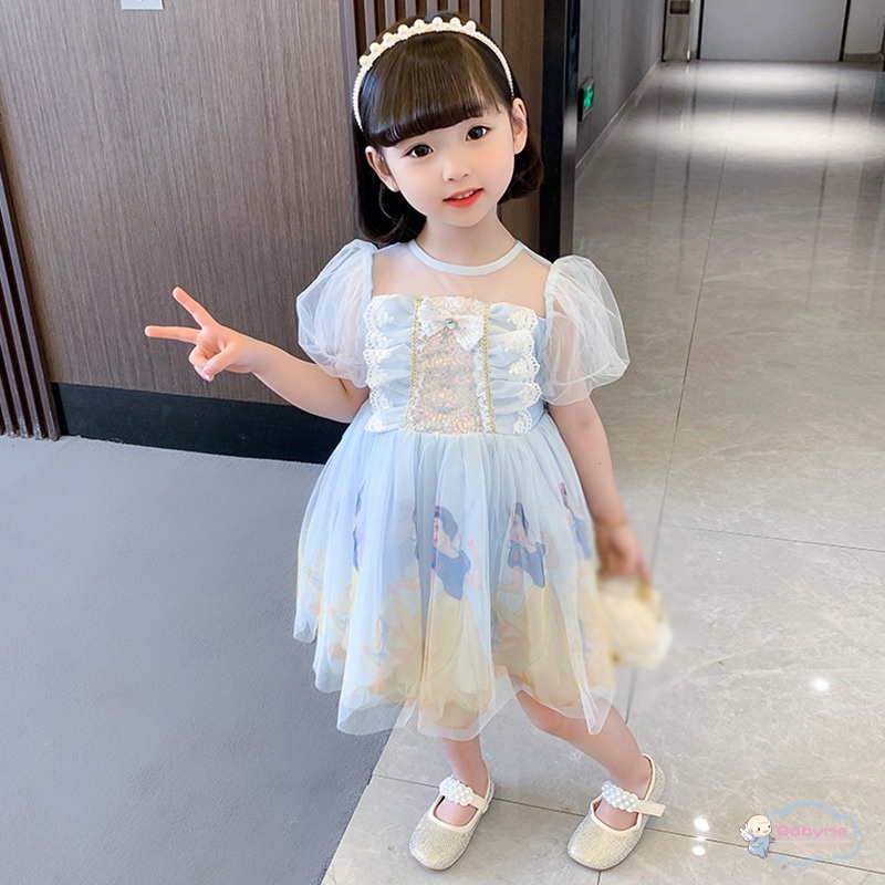 Đầm Công Chúa Phối Lưới Tay Phồng Đính Nơ Thời Trang Xinh Xắn Cho Bé Gái