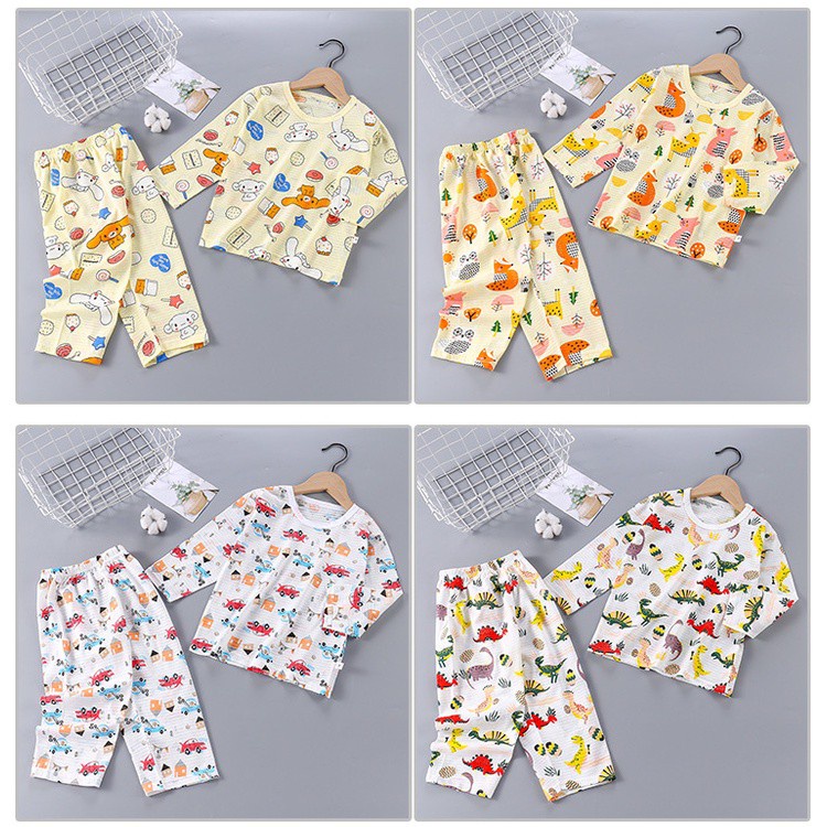 Bộ Đồ Ngủ Vải Cotton Thoáng Khí Tay Lửng Dành Cho Bé Trai Bé Gái Cao 80-140cm