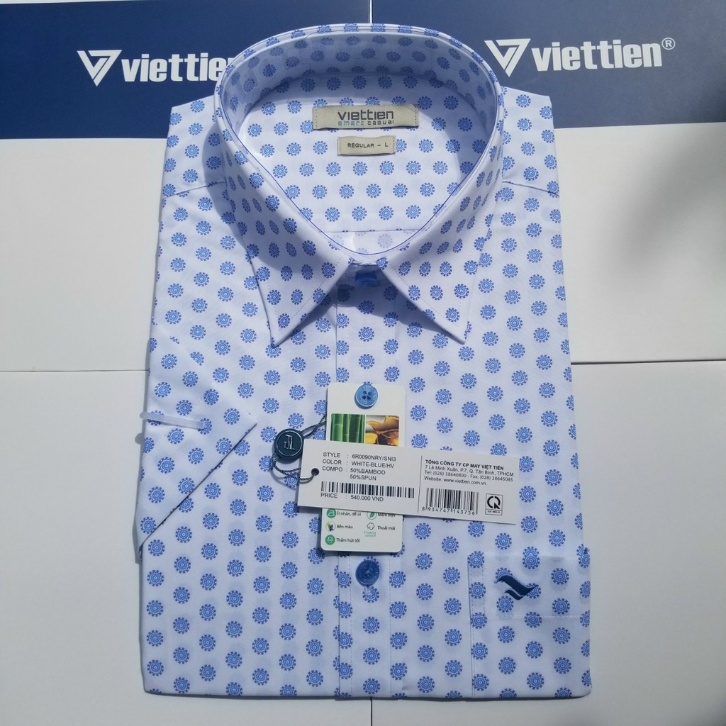 Aó sơ mi Việt Tiến smart casual ngắn tay ,tà ngang mã 6R0090NRY chính hãng ,cao cấp - form suông REGULAR -TÀ NGANG
