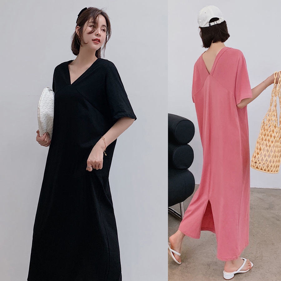 【Plus Size】(45-150kg) Đầm Dài Tay Ngắn Hở Lưng Dáng Rộng Cổ Chữ V Cho Nữ