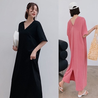 【Plus Size (45-150kg) Đầm Dài Tay Ngắn Hở Lưng Dáng Rộng Cổ Chữ V Cho Nữ