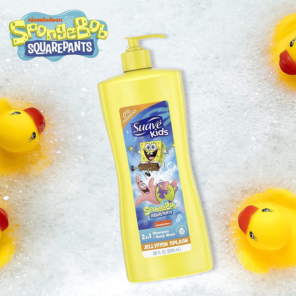 Sữa tắm &amp; dầu gội 2 trong 1 cho trẻ em Suave Kids 2in1 Shampoo &amp; Body Wash for Kids Nickelodeon Spongebob 828ml (Mỹ)