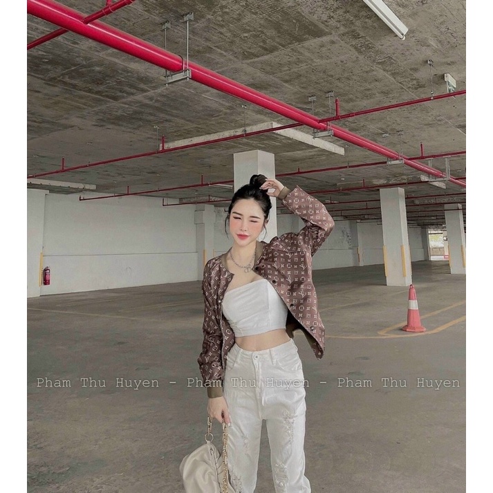 Áo Khoác Bomber Hoạ Tiết LV Nâu Sang Chảnh In Nổi Cá Tính Có Video Ảnh Thật