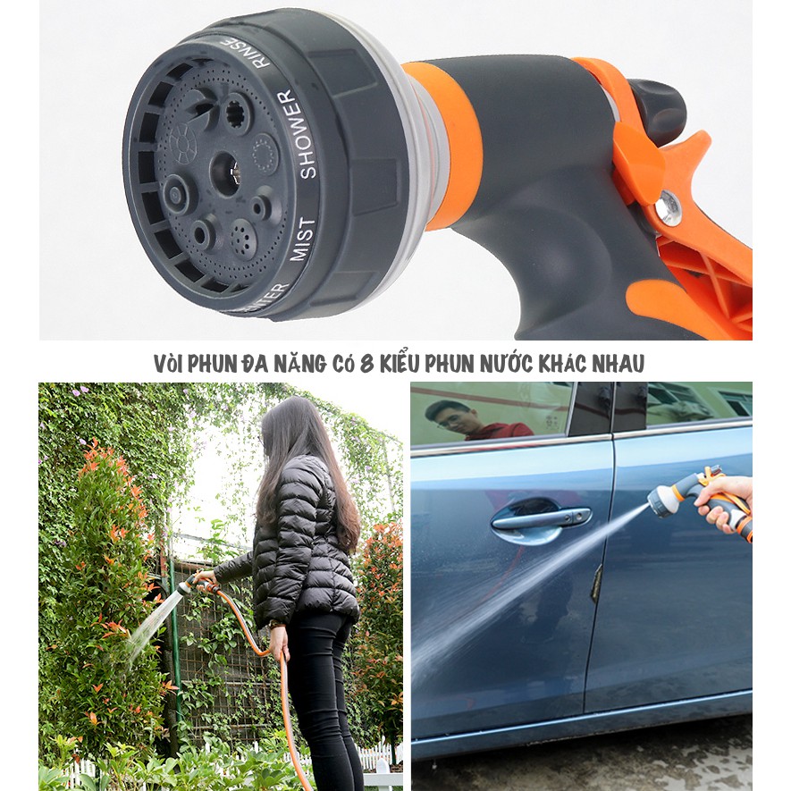 Bộ vòi tưới cây, rửa xe Lionking 3 - 20 mét. Ống nước kết cấu 3 lớp chống gập, chống xoắn. Vòi phun đa năng