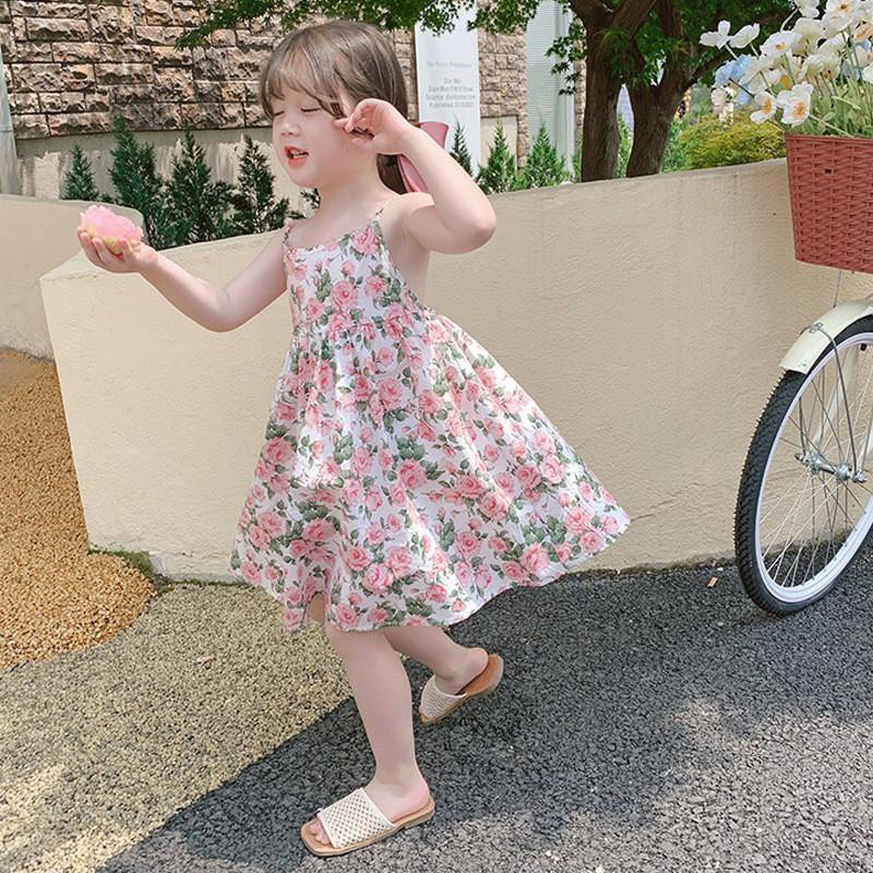 Đầm Công Chúa Hai Dây Hở Lưng In Hoa Phong Cách Hàn Quốc Cho Bé Gái