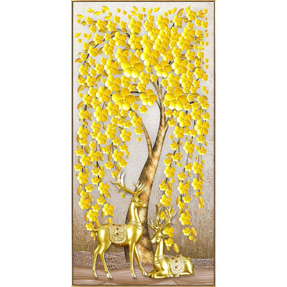 Tranh decal dán tường Đôi Nai tài lộc bên cây Tài Lộc chất liệu PP kim sa PPKS_BK_0057 nhiều kích thước