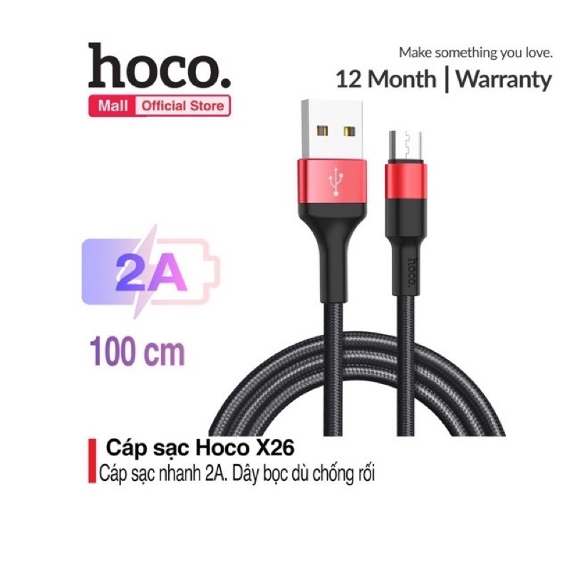 ✔CHÍNH HÃNG-Cáp sạc nhanh Android bọc dây dù siêu bền Hoco X26, dây sạc 1m,Micro USB,Dây sạc OPPO Samsung Xiaomi redmi