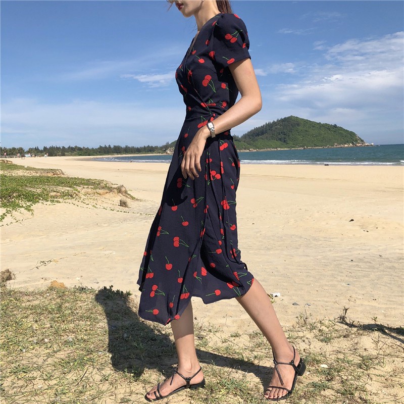 Đầm Maxi Ngắn Tay In Hình Trái Cherry Thời Trang Hàn Quốc Cho Nữ