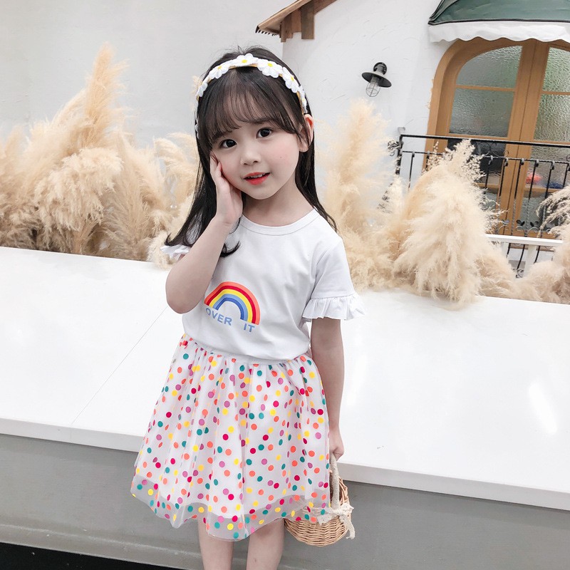 Set áo phông, thun và chân váy chất cotton hoạt tiết CHẤM BI dễ thương cho bé QATE13