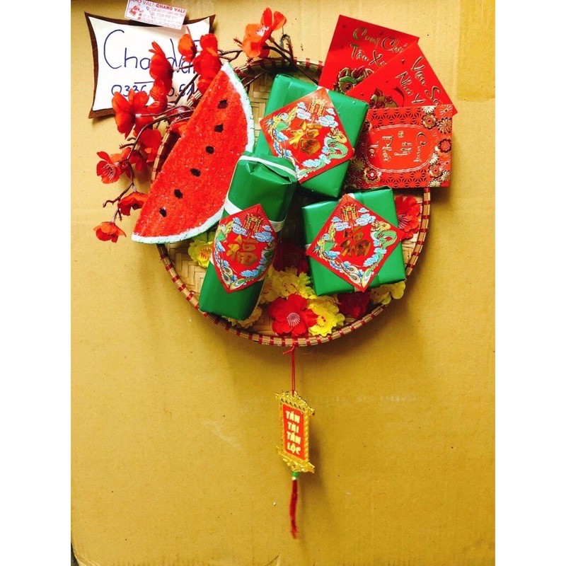 Mẹt trang trí tết phi 35 mô hình bánh chưng,bánh tét,dưa hấu