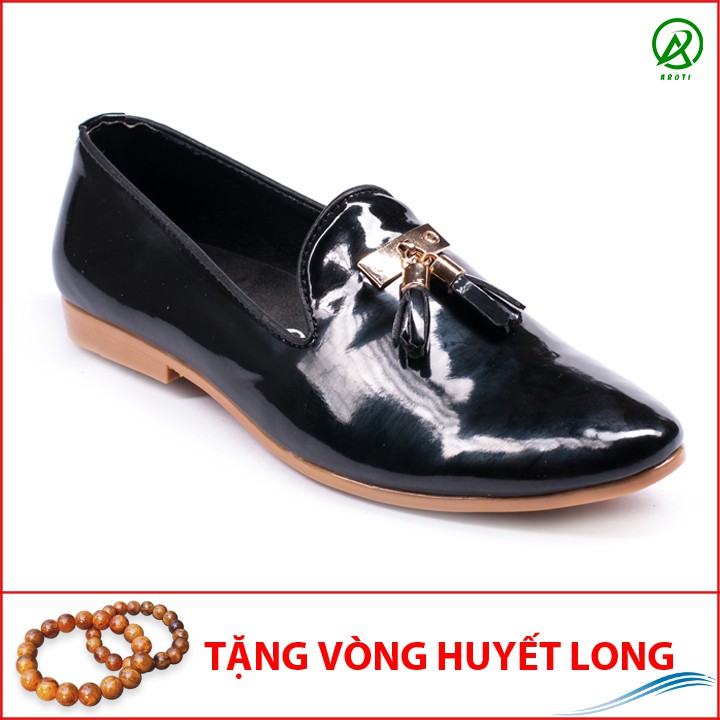 Giày Lười Nam Đẹp Đế Khâu Chuông Vàng Da Bóng Màu Đen Phong Cách Hàn Quốc - M124-BONG(HL)- Kèm Vongc Gỗ Huyết Long