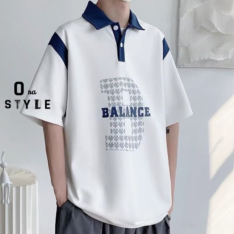 Áo Thun POLO Tay Ngắn Dáng Rộng In Họa Tiết Đơn Giản Phong Cách Đường Phố Nhật Bản Thời Trang Cho Nam