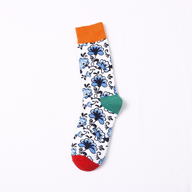 New Trend Couple Crew Socks Flowers Pattern Cotton Breathable Novelty Women Mid-Calf Socks Multicolor Fashion Soft Girls Hosiery