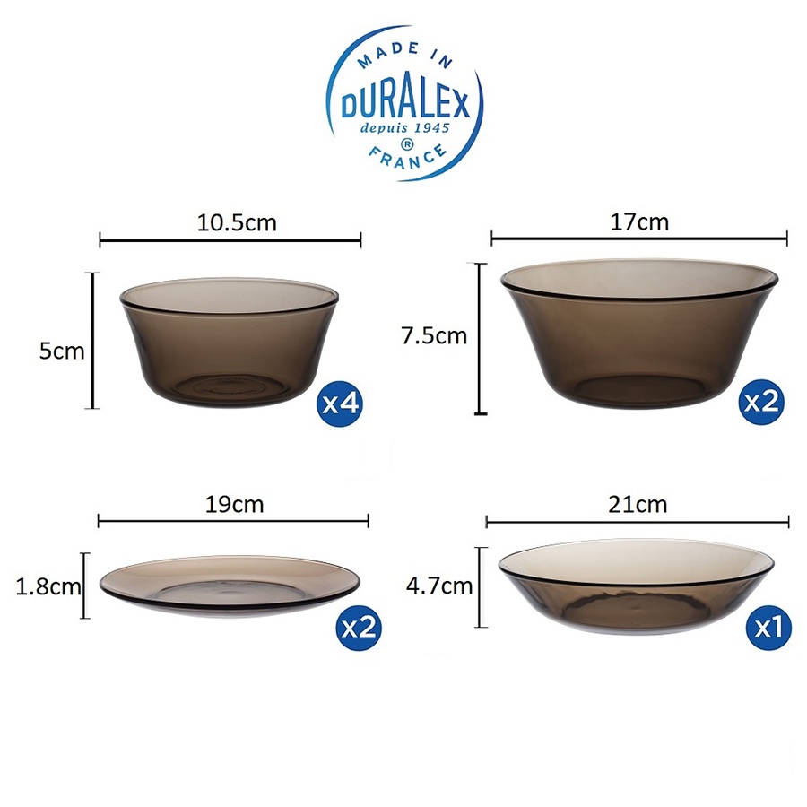 Bộ tô chén dĩa thủy tinh cường lực cao cấp Pháp 9 món D7009LC - Lys Nâu Khói Creole