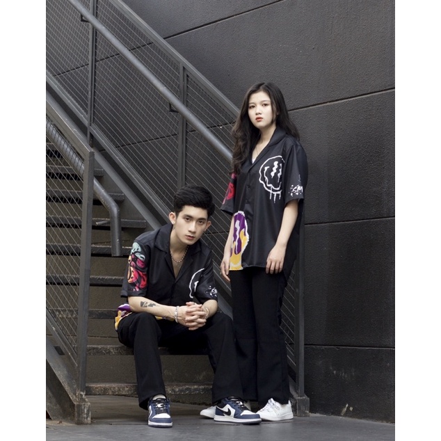 Áo sơ mi nam ngắn tay Họa tiết Form rộng, Mặt cười Đen- Local brand  CHÍNH HÃNG