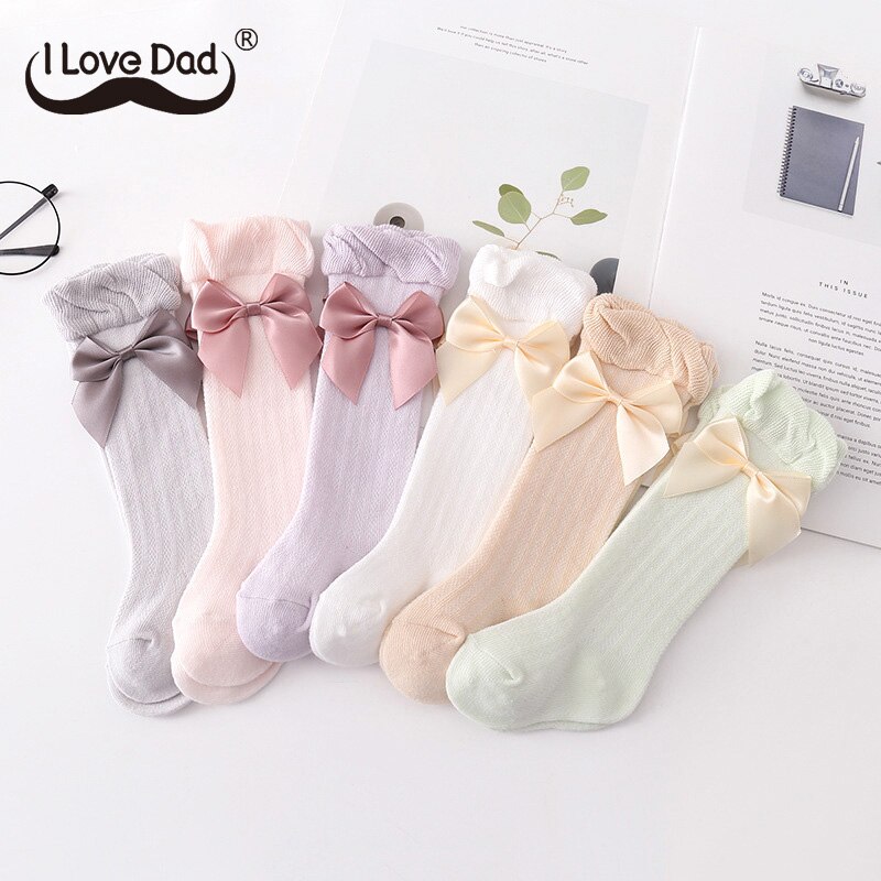 Dễ Thương Vớ Cotton Dài Đến Đầu Gối Đính Nơ Thoáng Khí Cho Bé Gái