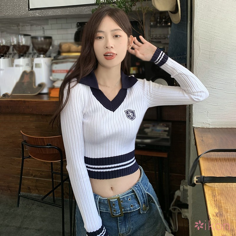 Áo Croptop Dệt Kim Tay Dài Thiết Kế Cổ Bẻ Thanh Lịch