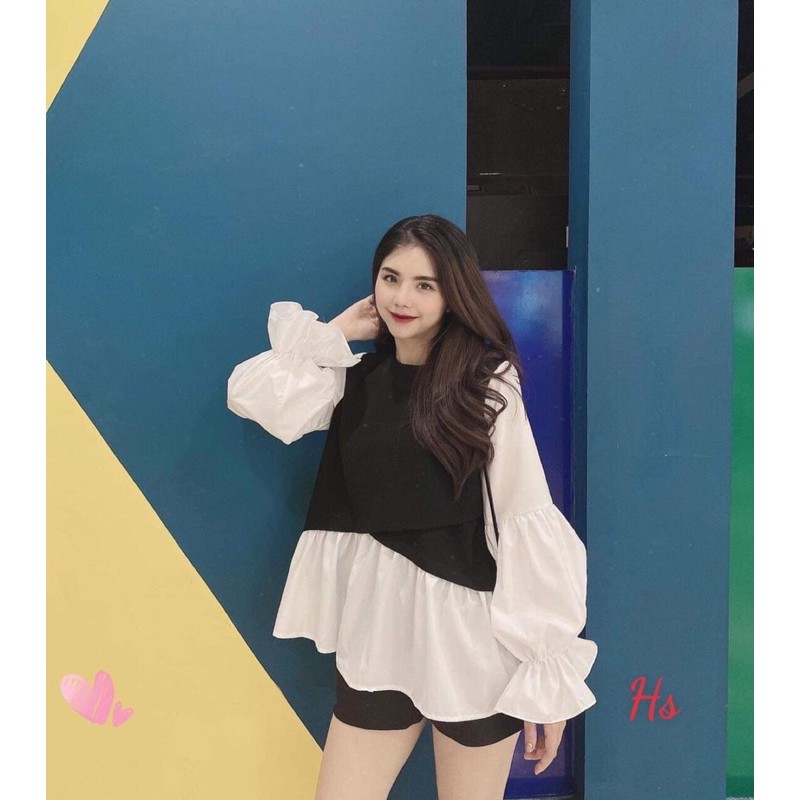 [ Mã WASTAPR giảm 10K đơn 50K] Áo phối chun tay trắng HSU1