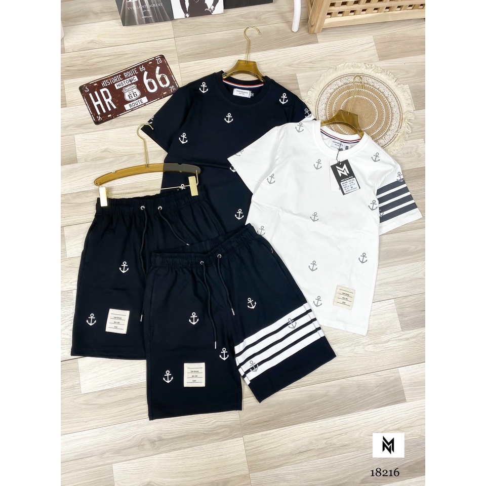 Bộ Cộc ThomBr In Mỏ Neo/In Vạch Cánh Tay New - Áo Phông+Quần Dùi - Chất Liệu Cotton Dày Dặn - Size M/L/XL/XXL (45-80kg )