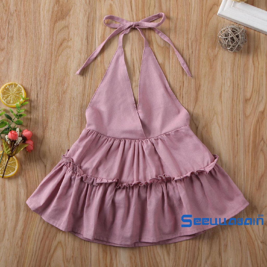 ❥☀✿SEEBaby Girl Clothes Ruffles Solid Color Sleeveless Deep V Neck Romper Dress